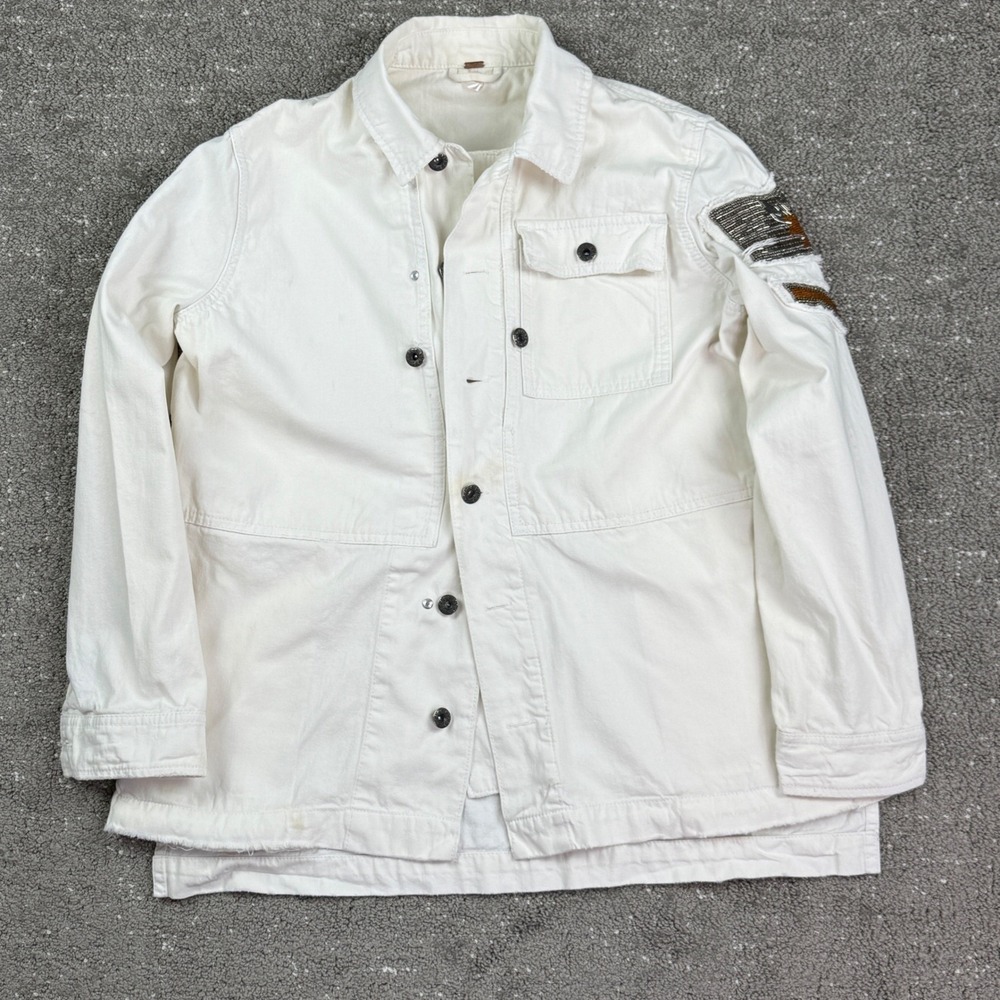Free People Utility Jacket Women XS White Beaded Eagle Patch Military Denim